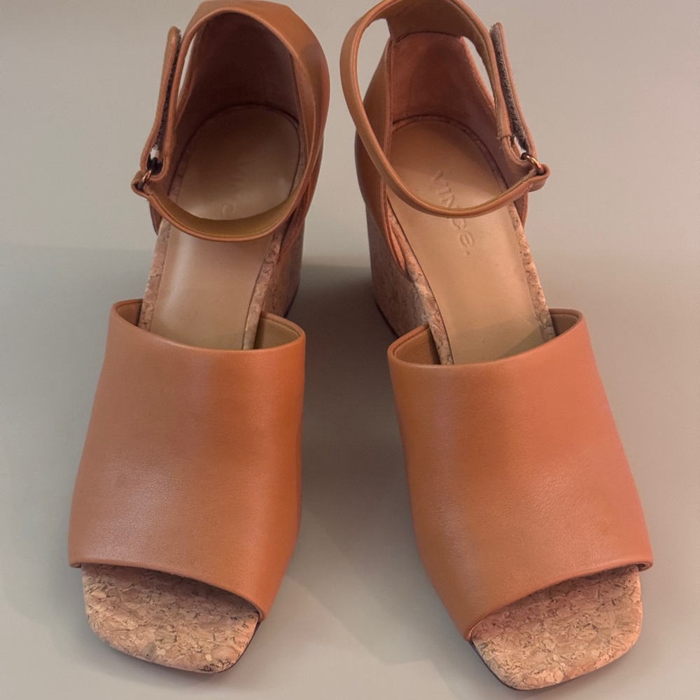 Vince Tan Leather Wedge Sandals